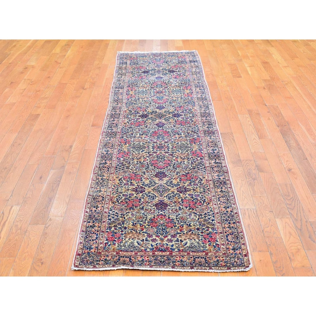 Ivory Antique Kerman Runner Good Cond Multicolor Flower Design Rug - 2
