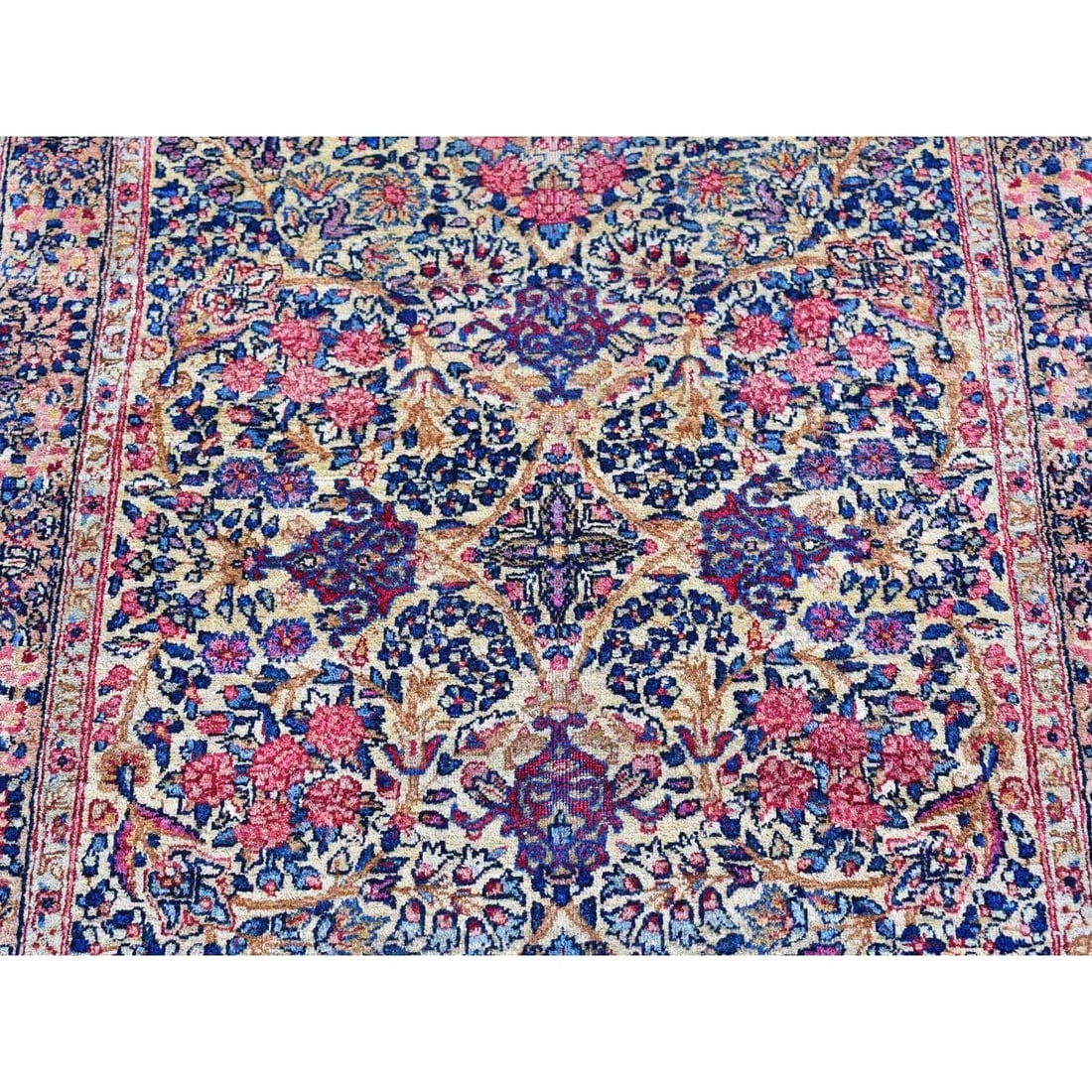Ivory Antique Kerman Runner Good Cond Multicolor Flower Design Rug - 3