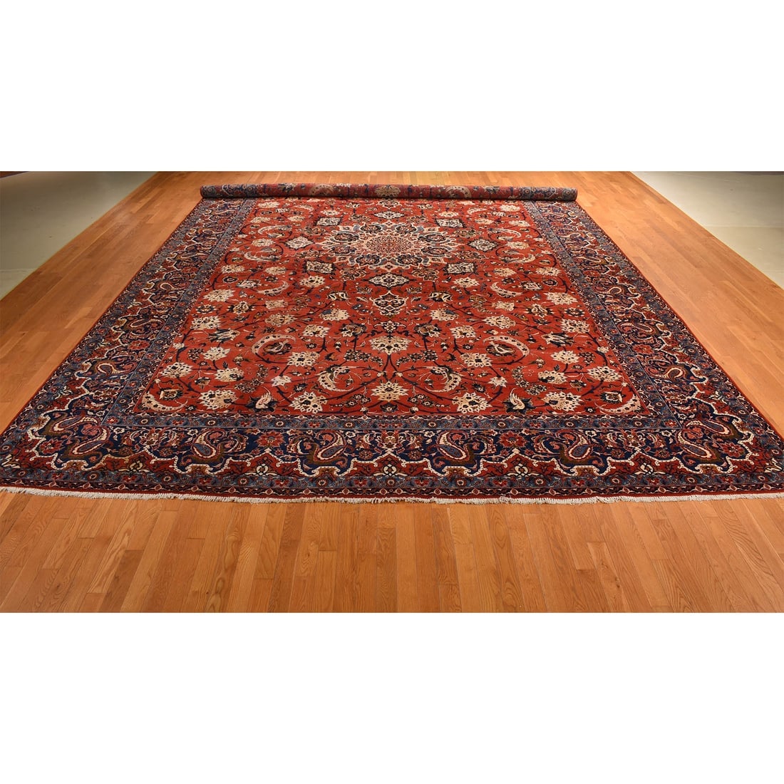 Red Vintage Persian Isfahan Classic Medallion Hand Knotted Wool Rug - 2