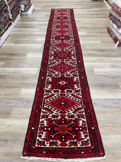 Vintage persian Karajeh Runner-5082: Title:Vintage persian Karajeh Runner-5082 Description:Vintage Persian karajeh Runner, from northwest persia, size 2 ft. 5 1/2 inches by 14 ft. 8 inches, circa 1980, excellent condition on ivory field,