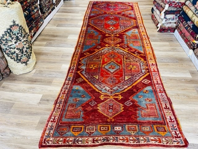 Antique Turkish Kara Pinar village rug-5088: Title:Antique Turkish Kara Pinar village rug-5088 Description:Powerful antique Turkish Kara Pinar rug from central Persia, size 4 ft. 5 inches by 13ft. 9 inches, excellent condition with all original 