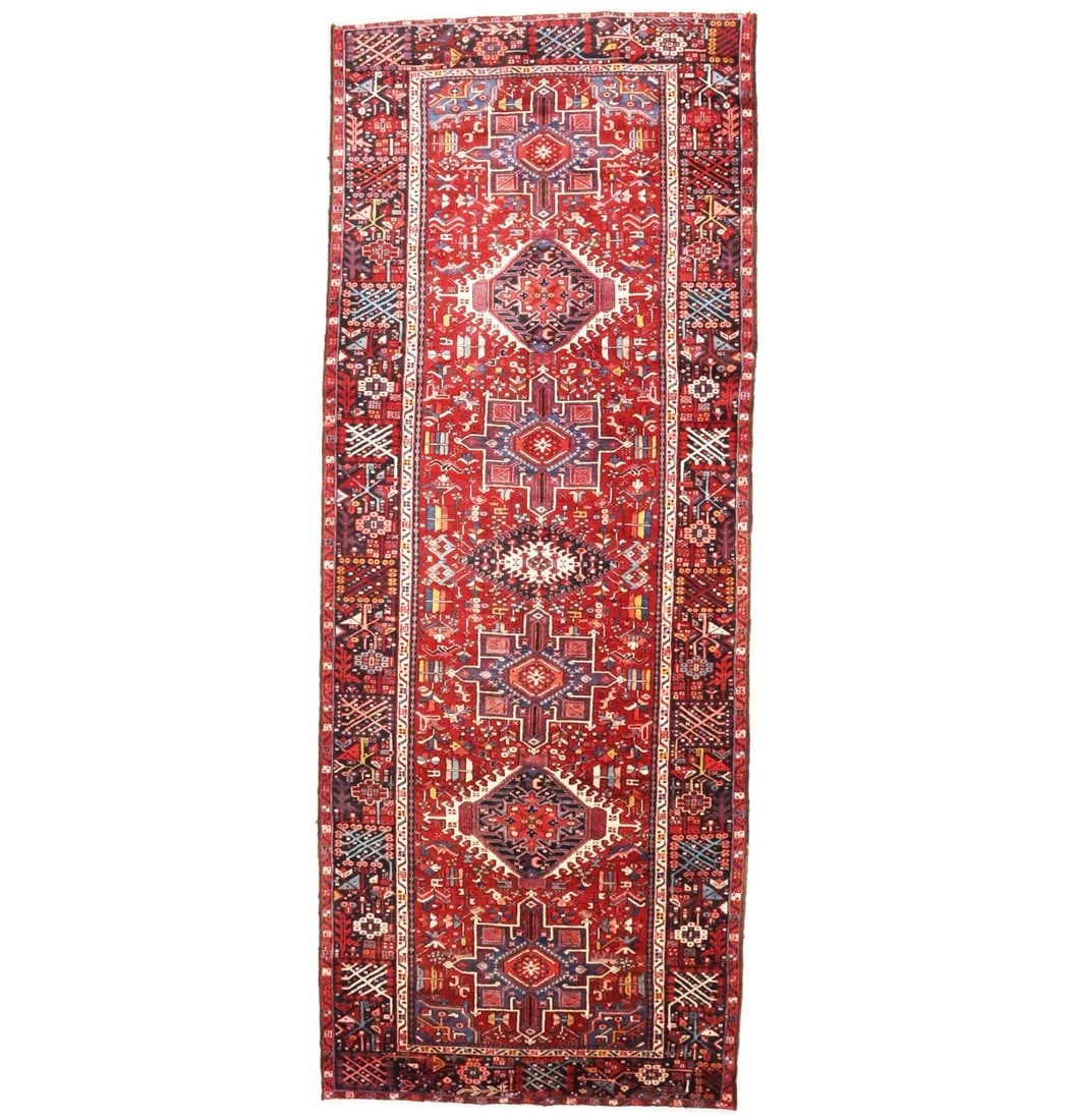 Vintage Red Tribal 5X13 Karajeh Persian Runner Rug: Title:Vintage Red Tribal 5X13 Karajeh Persian Runner Rug Description :Handmade vintage 5X13 red Persian runner made with natural dyes (fine wool pile and cotton foundation), superior knot count, and a