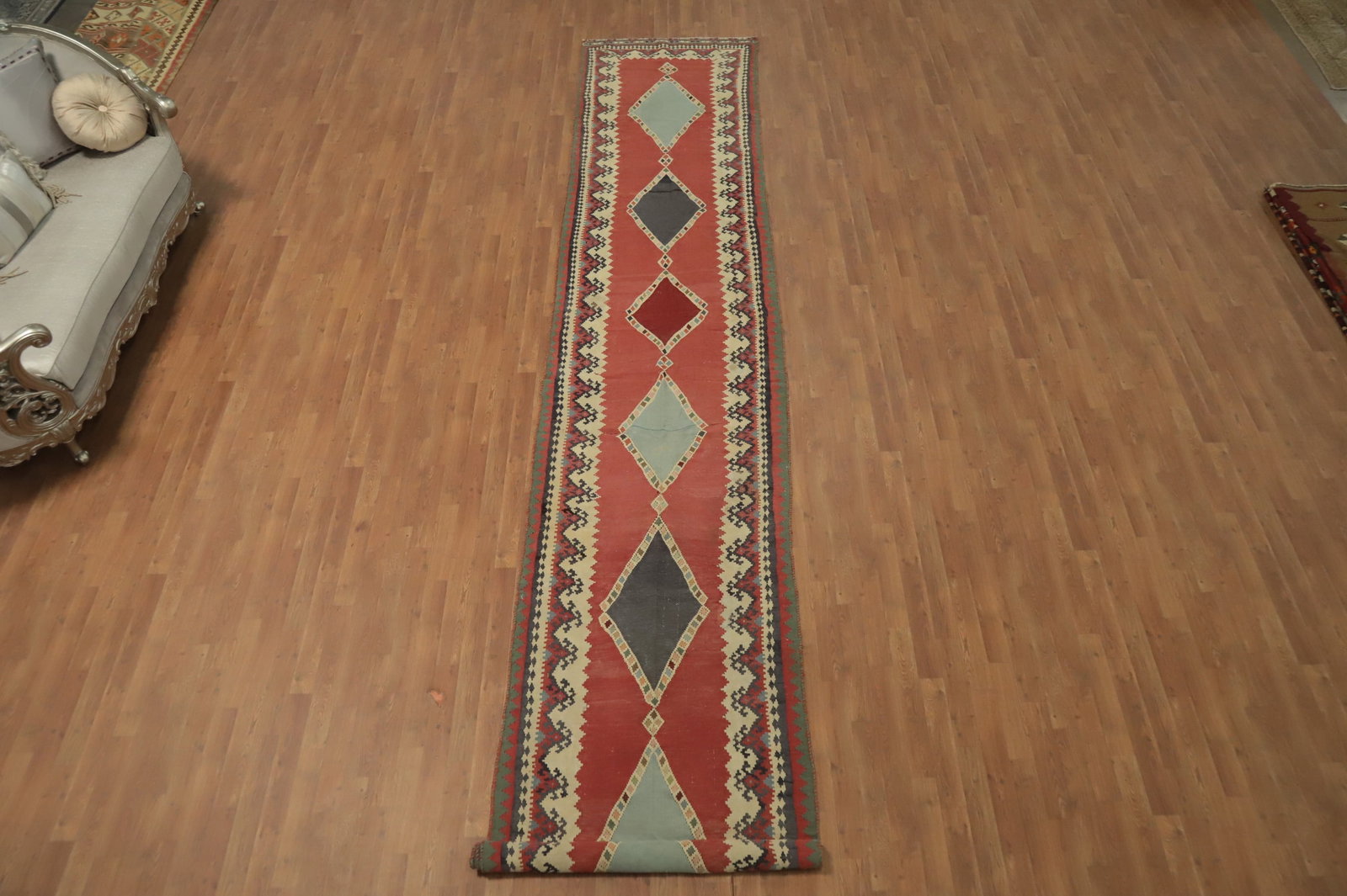 Antique Vegetable Dye Kilim Qashqai Persian Runner Rug 3x19 - 2
