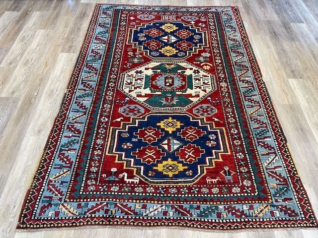 Date Antique Lori Kazak Caucasian Rug-5180: Title:Date Antique Lori Kazak Caucasian Rug-5180 Description:Gorgeous antiqte Lori - three medallion shouthwest Caucasia, size 5 ft. 3 inches by 7 ft. 10 inches, circadated 881, excellent condition ,