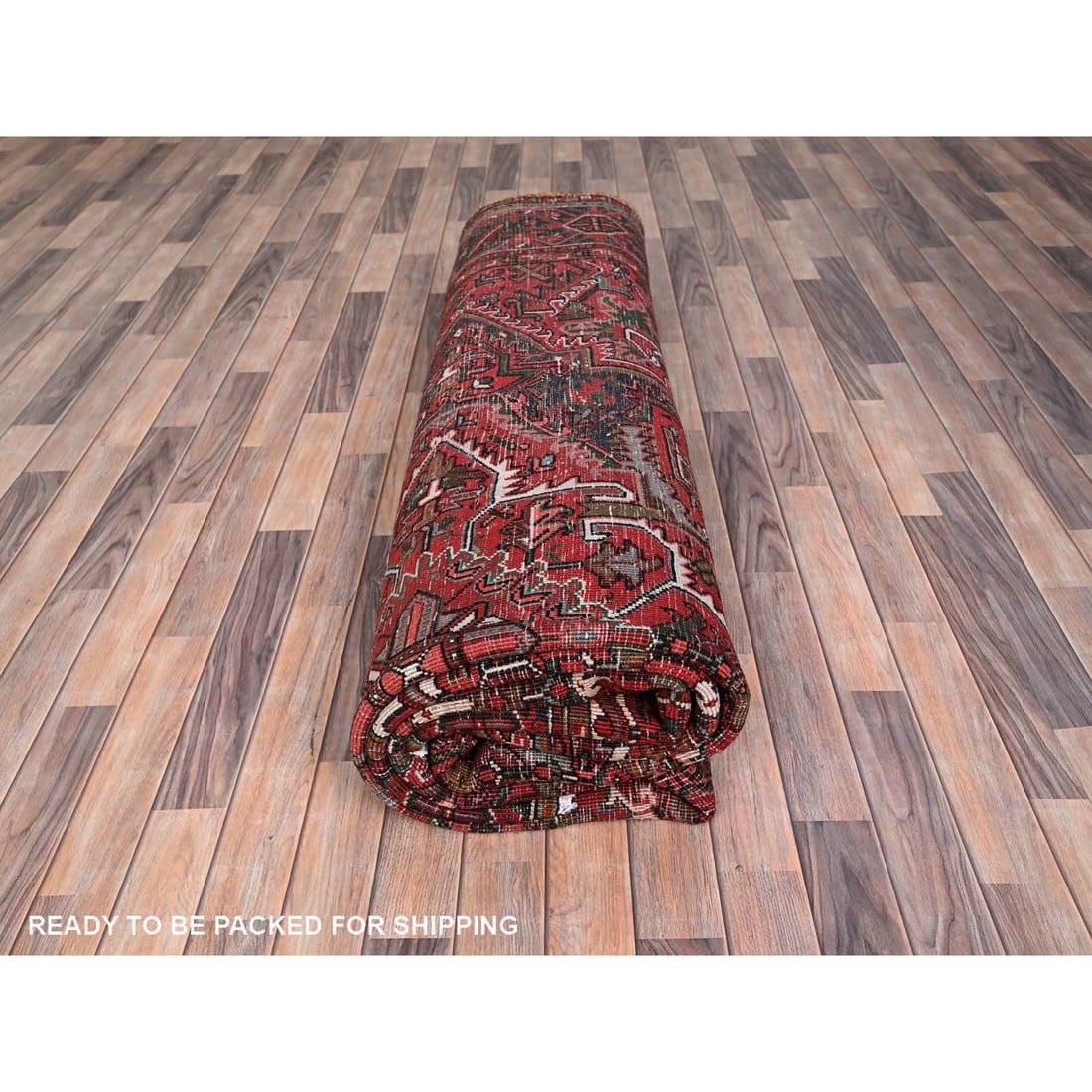 Barn Red, Pure Wool, Hand Knotted, Vintage Persian Heriz Oriental Rug - 9