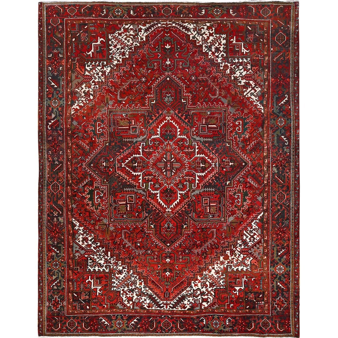 Barn Red, Pure Wool, Hand Knotted, Vintage Persian Heriz Oriental Rug: Title: Barn Red, Pure Wool, Hand Knotted, Vintage Persian Heriz Oriental Rug Description:This is a truly genuine one-of-a-kind. It has been Knotted for months and months in the centuries-old weaving c