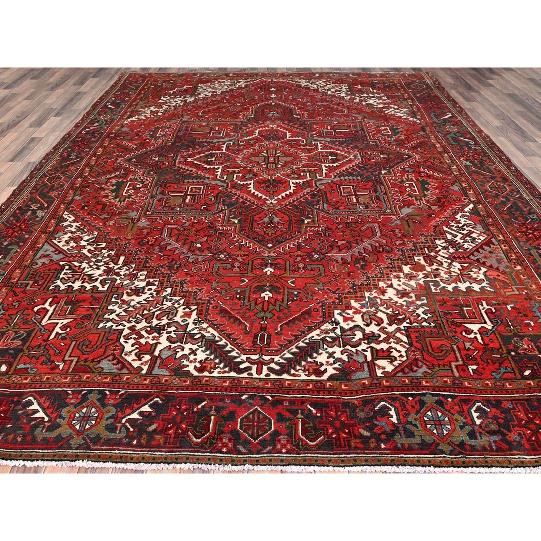 Barn Red, Pure Wool, Hand Knotted, Vintage Persian Heriz Oriental Rug - 2