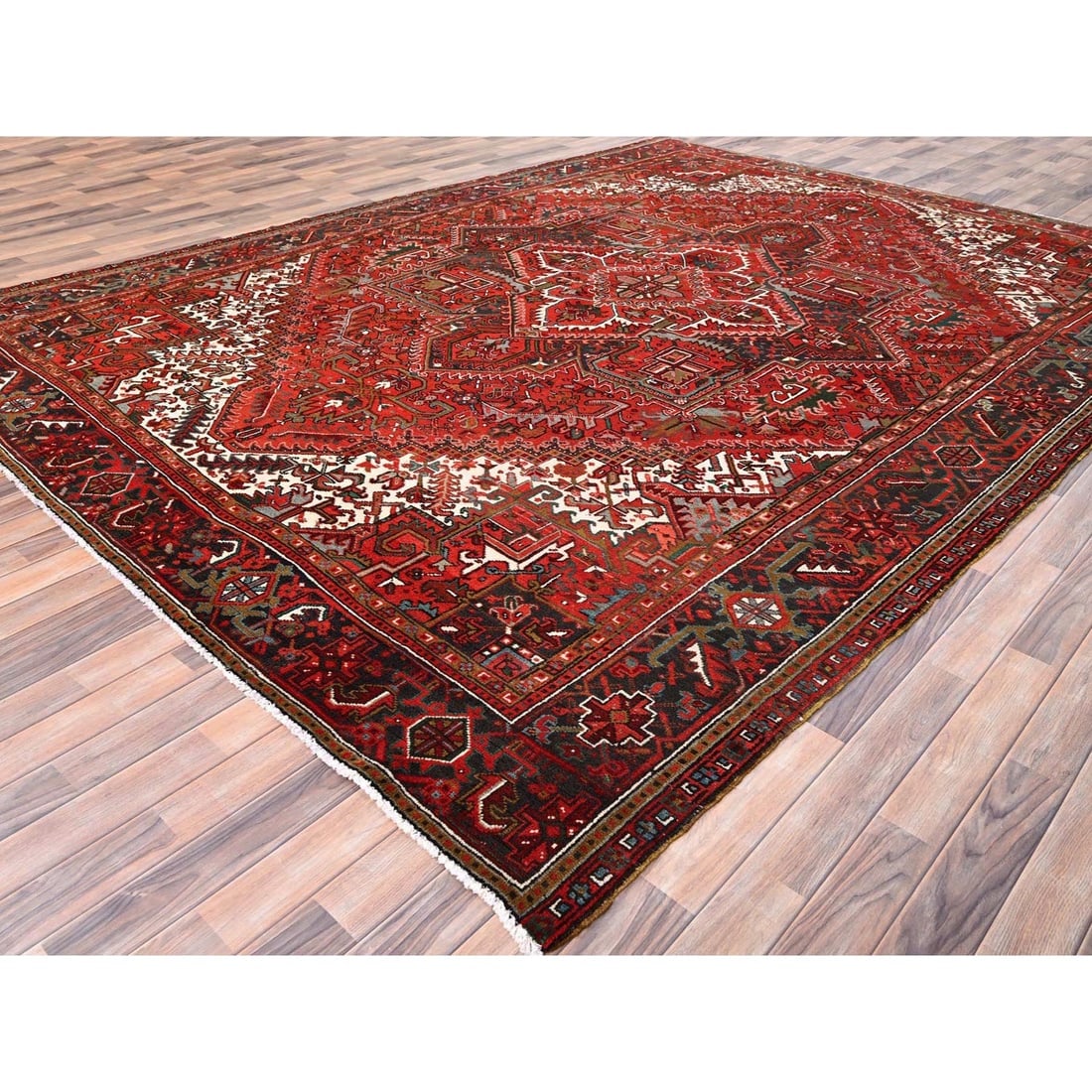 Barn Red, Pure Wool, Hand Knotted, Vintage Persian Heriz Oriental Rug - 3