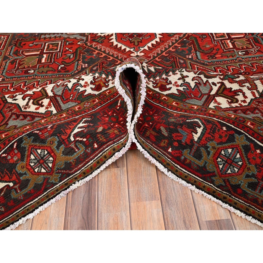 Barn Red, Pure Wool, Hand Knotted, Vintage Persian Heriz Oriental Rug - 5