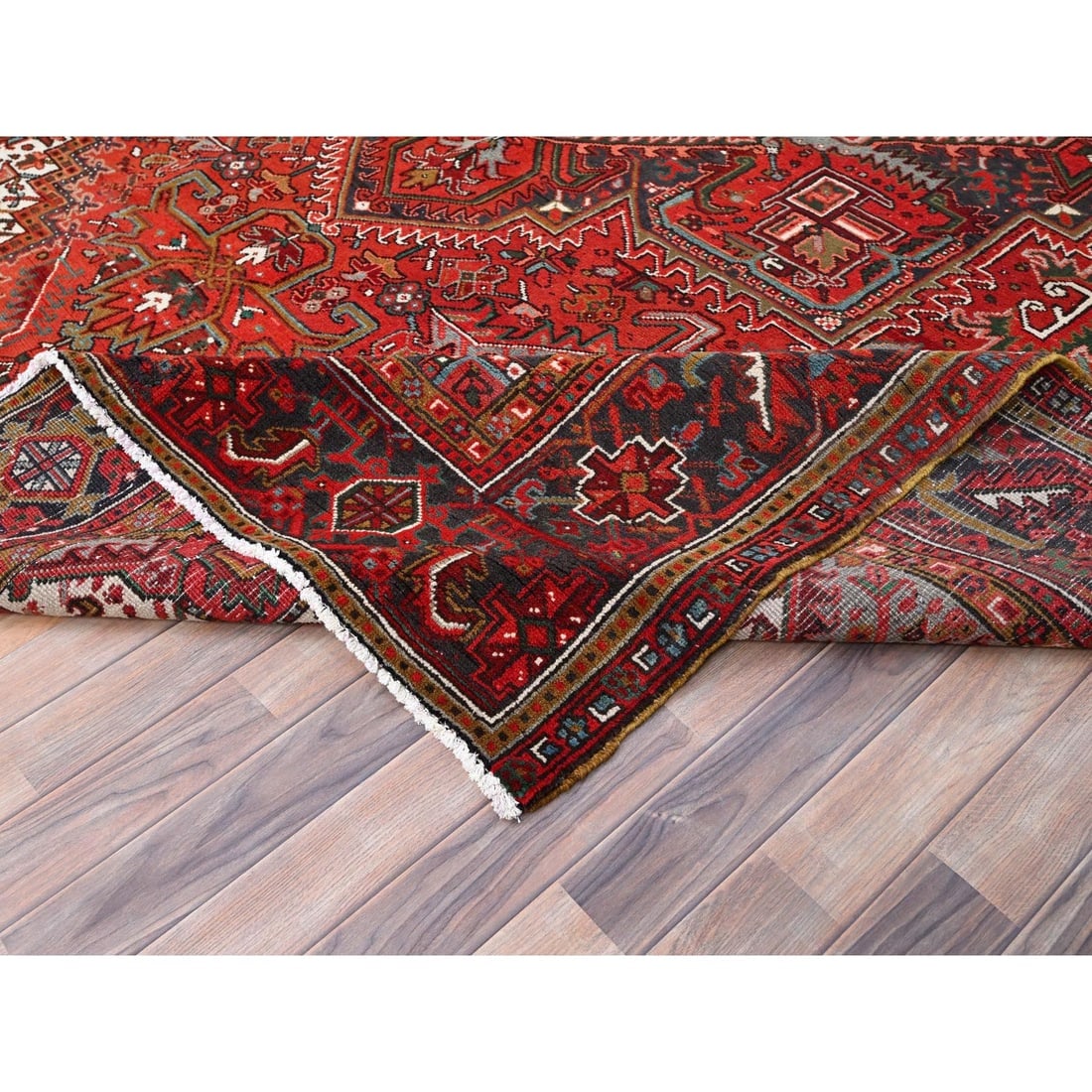 Barn Red, Pure Wool, Hand Knotted, Vintage Persian Heriz Oriental Rug - 6