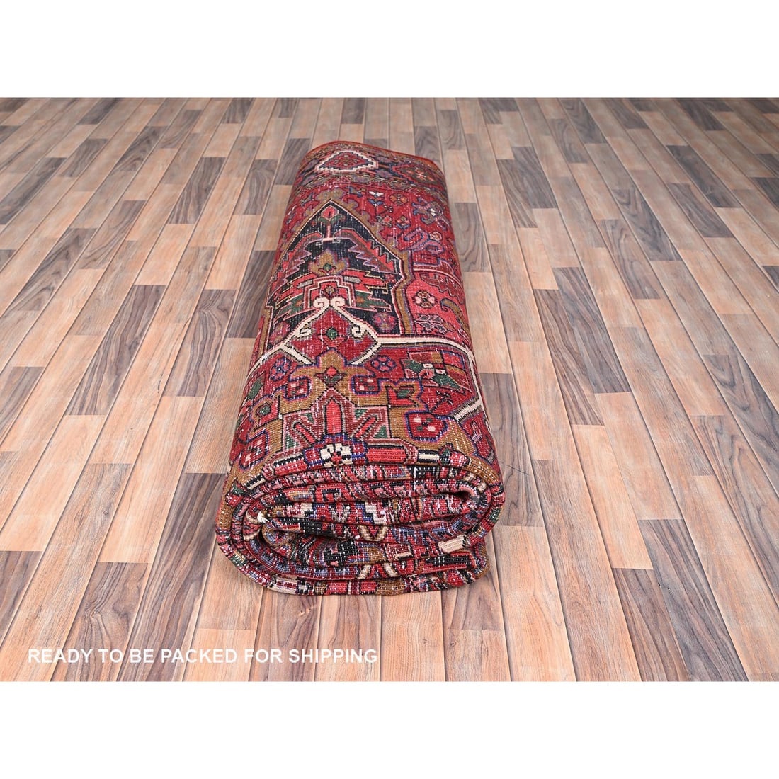 Desire Red, Hand Knotted, Semi Antique Persian Heriz, Pure Wool Rug - 9