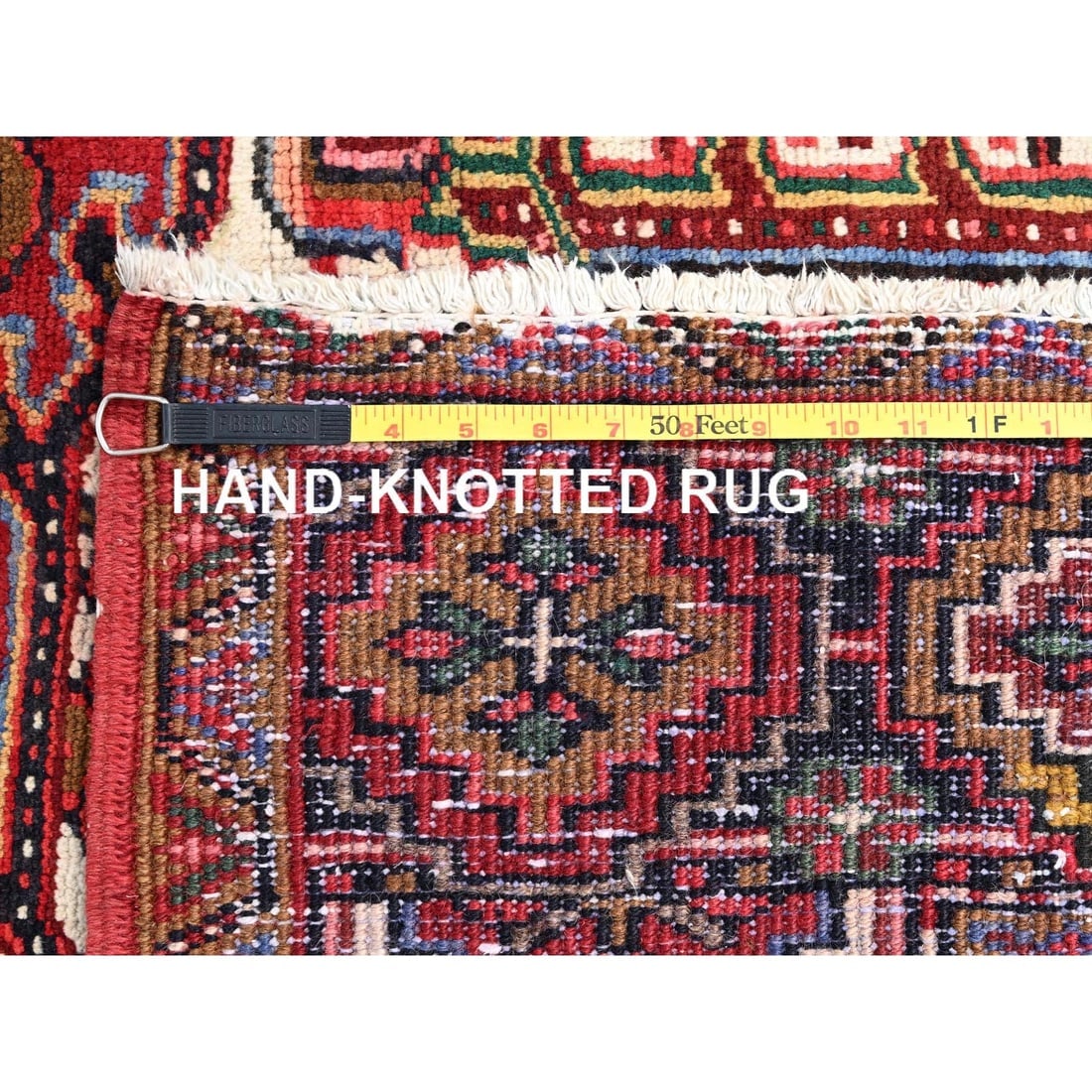 Desire Red, Hand Knotted, Semi Antique Persian Heriz, Pure Wool Rug - 11