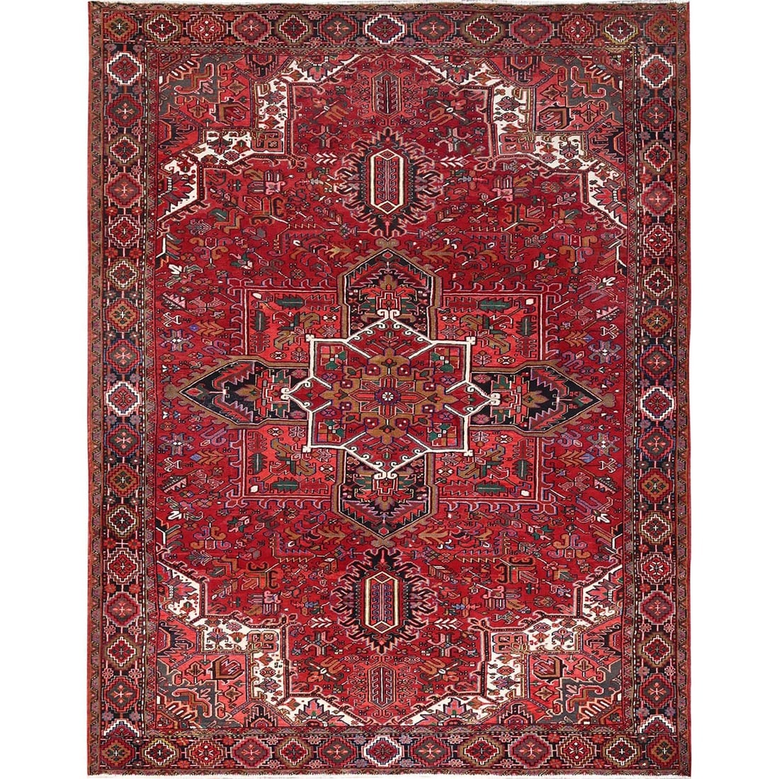 Desire Red, Hand Knotted, Semi Antique Persian Heriz, Pure Wool Rug: Title: Desire Red, Hand Knotted, Semi Antique Persian Heriz, Pure Wool Rug Description:This is a truly genuine one-of-a-kind. It has been Knotted for months and months in the centuries-old weaving cra
