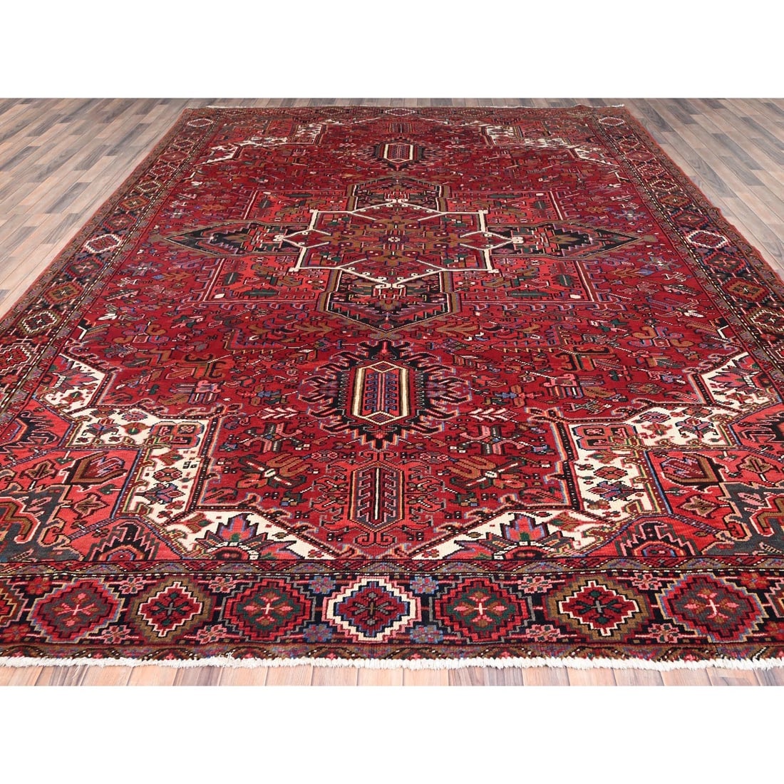 Desire Red, Hand Knotted, Semi Antique Persian Heriz, Pure Wool Rug - 2