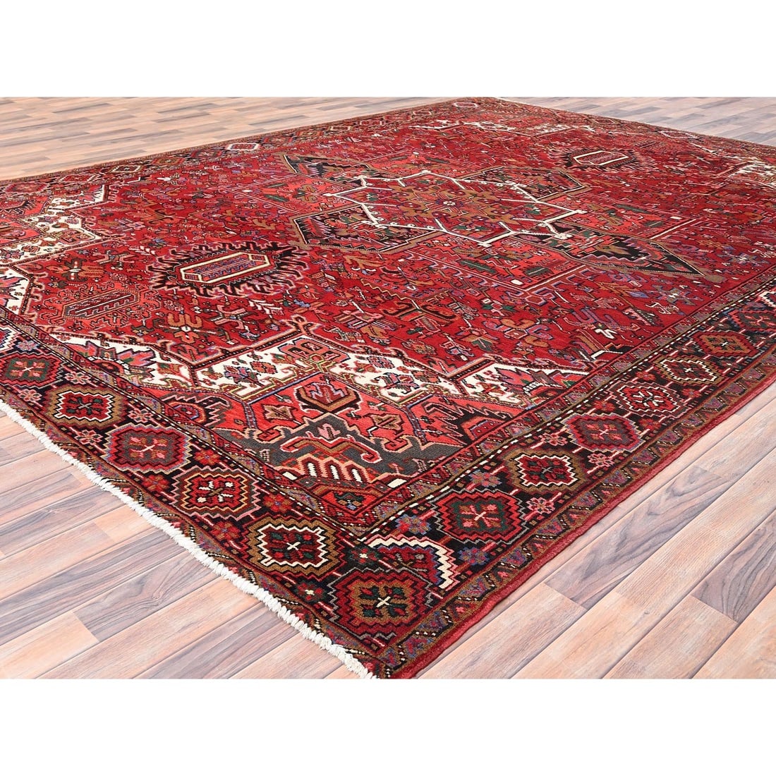 Desire Red, Hand Knotted, Semi Antique Persian Heriz, Pure Wool Rug - 3