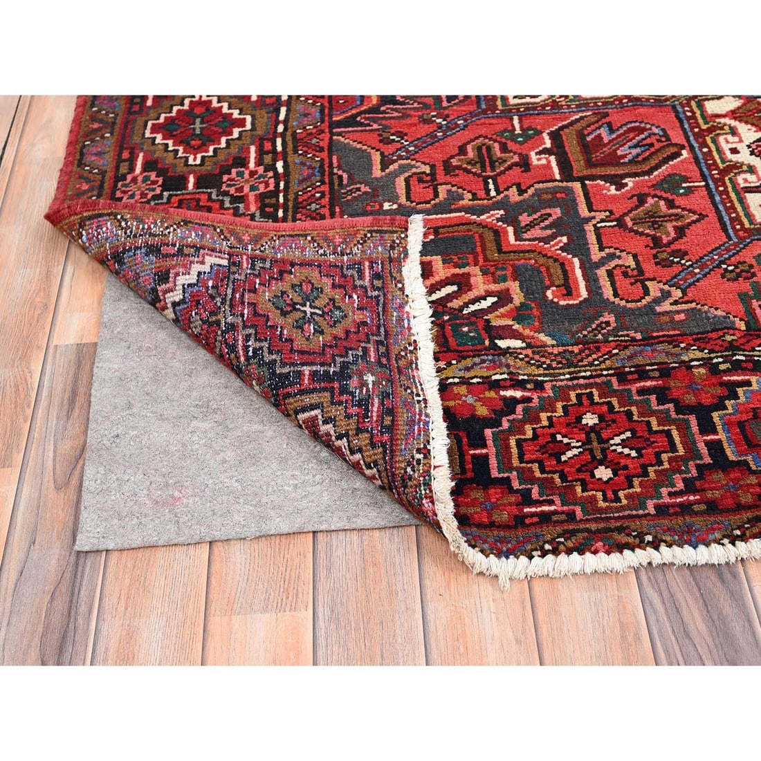 Desire Red, Hand Knotted, Semi Antique Persian Heriz, Pure Wool Rug - 4
