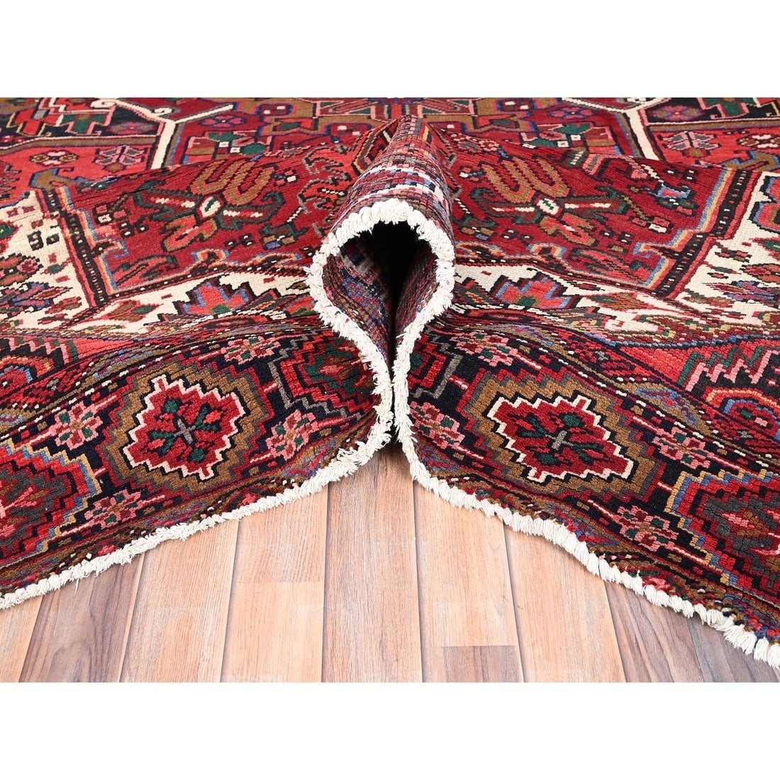 Desire Red, Hand Knotted, Semi Antique Persian Heriz, Pure Wool Rug - 5