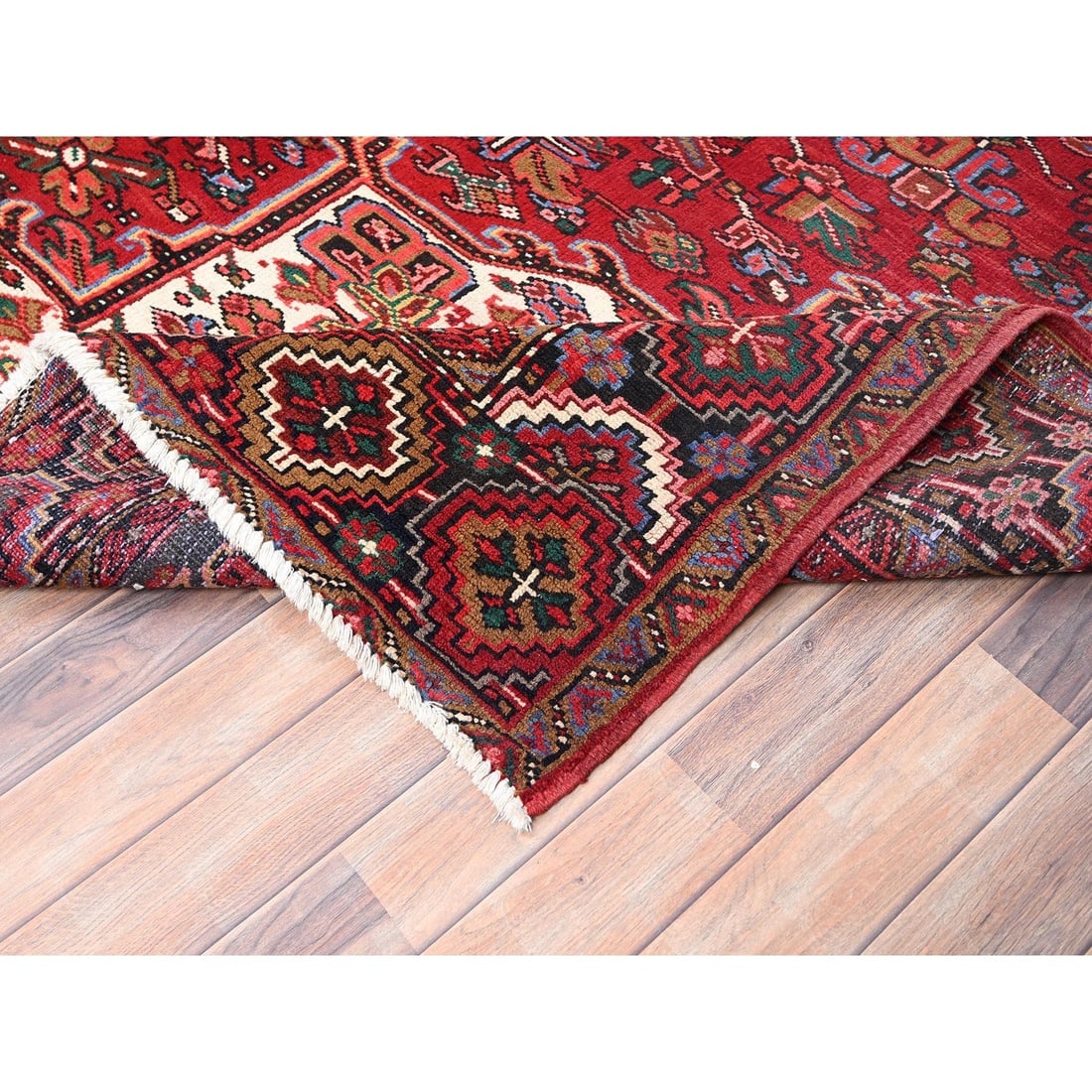 Desire Red, Hand Knotted, Semi Antique Persian Heriz, Pure Wool Rug - 6