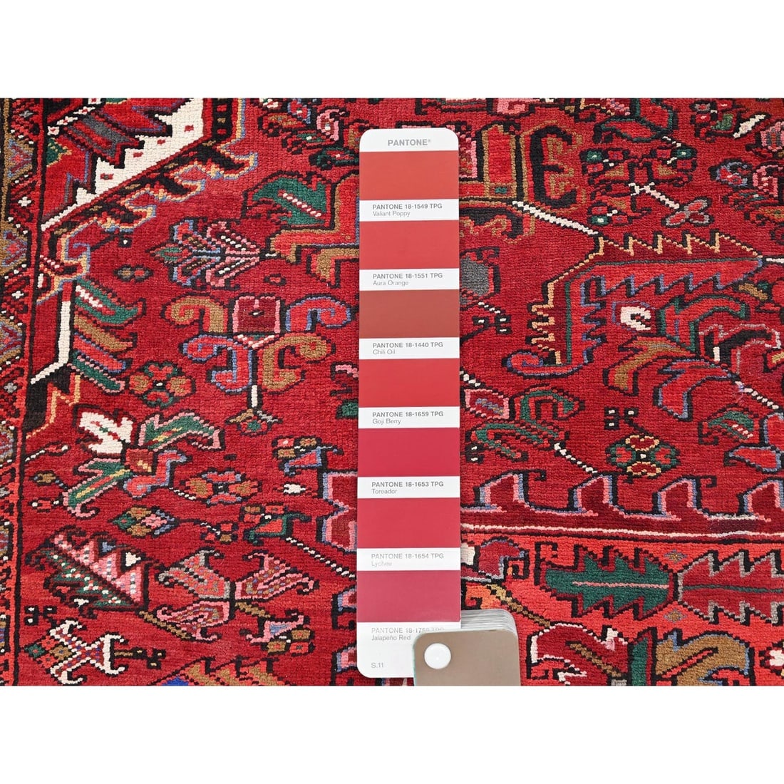 Desire Red, Hand Knotted, Semi Antique Persian Heriz, Pure Wool Rug - 7
