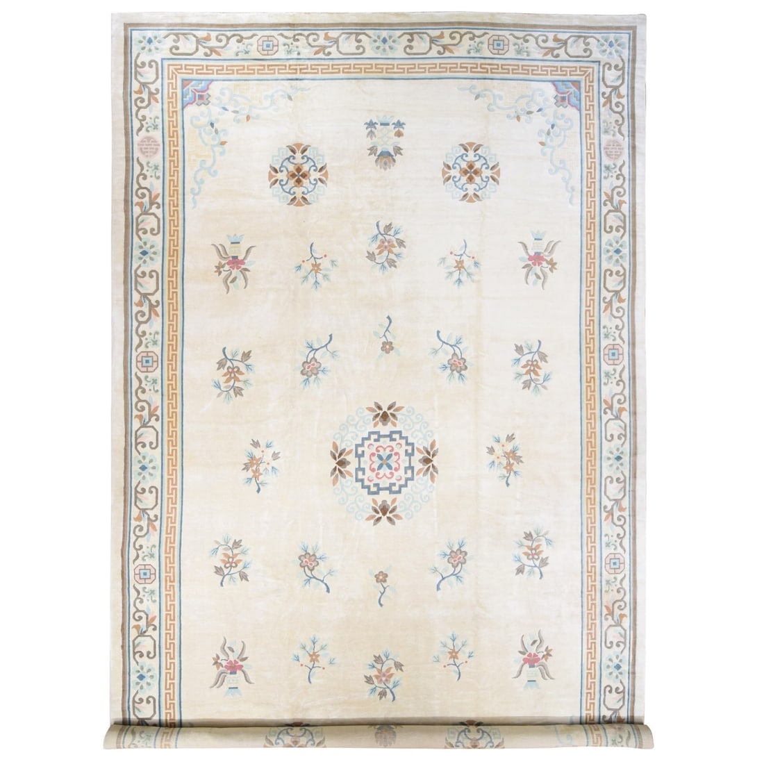 Ivory Vintage Chinese Ming Dynasty, Hand Knotted XL Pure Wool Rug: Title: Ivory Vintage Chinese Ming Dynasty, Hand Knotted XL Pure Wool Rug Description:This is a truly genuine one-of-a-kind. It has been Knotted for months and months in the centuries-old weaving craft