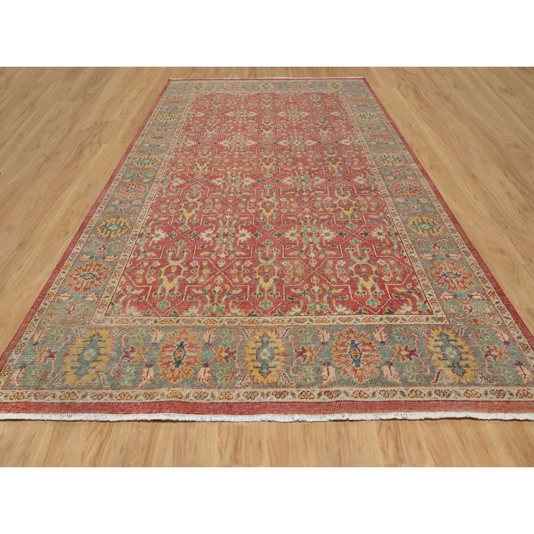 Emboldened Red Hand Knotted Antiqued Oushak Design Wool Oriental Rug - 2