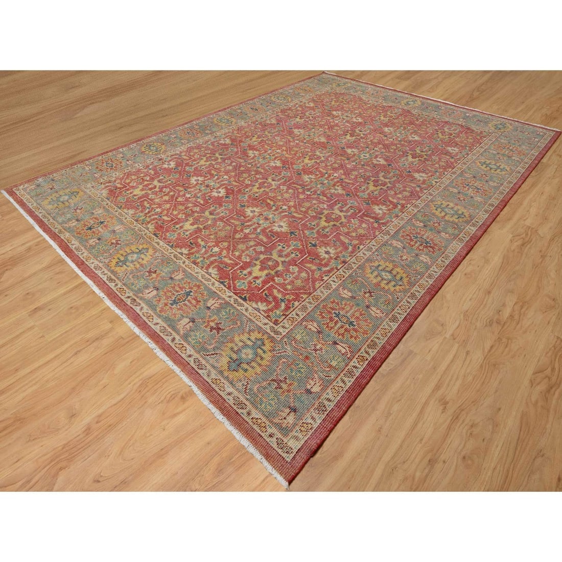 Emboldened Red Hand Knotted Antiqued Oushak Design Wool Oriental Rug - 3