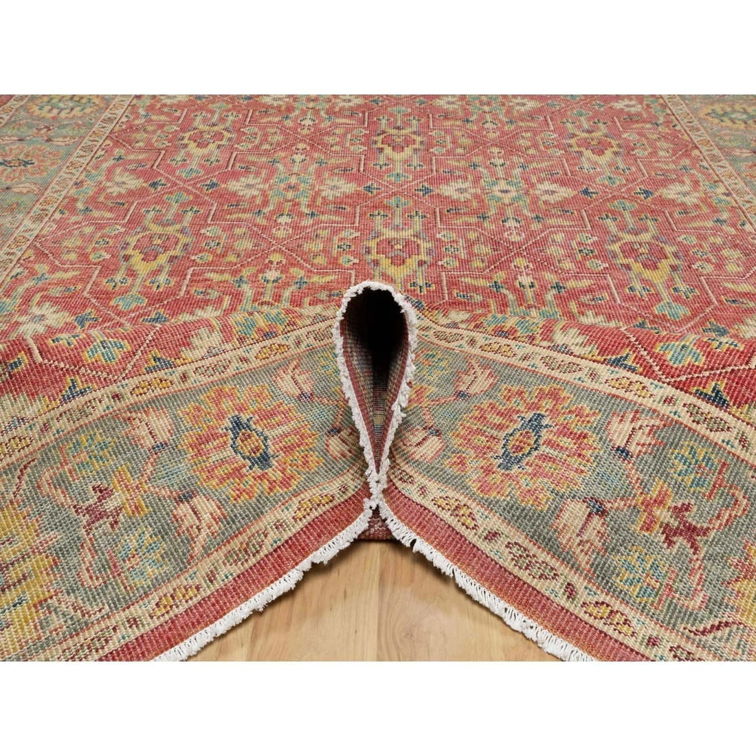 Emboldened Red Hand Knotted Antiqued Oushak Design Wool Oriental Rug - 5