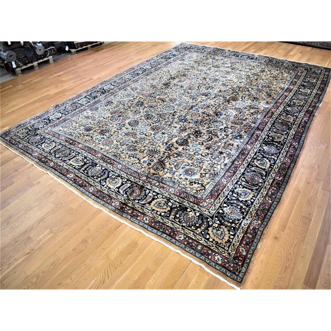 Ivory, Antique Persian Mashad, Hand Knotted, 100% Wool, Oversized Rug - 3