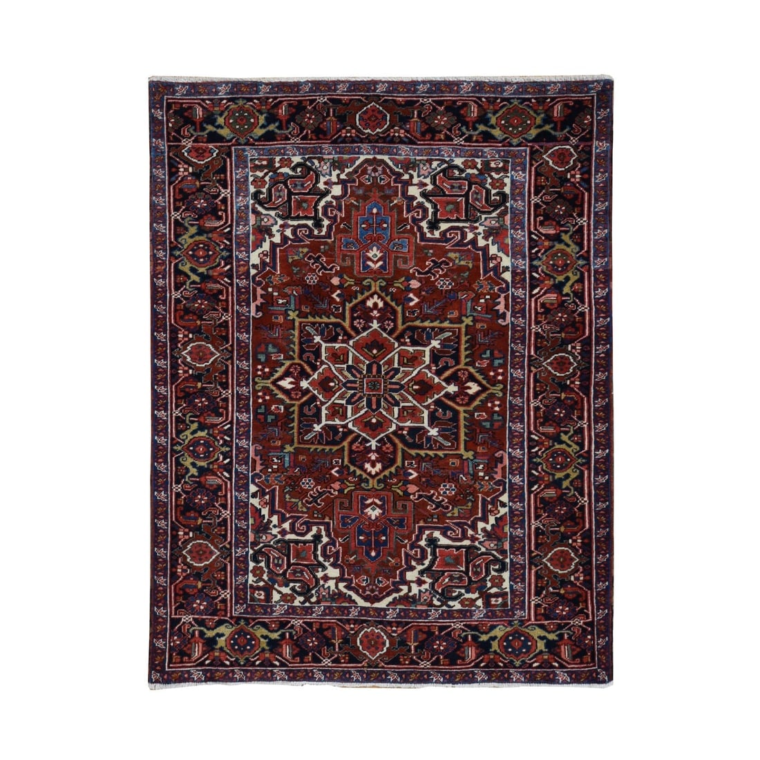 Red, Semi Antique Persian Heriz, Hand Knotted, Soft Wool Rug: Title: Red, Semi Antique Persian Heriz, Hand Knotted, Soft Wool Rug Description:This is a truly genuine one-of-a-kind. It has been Knotted for months and months in the centuries-old weaving craftsmans