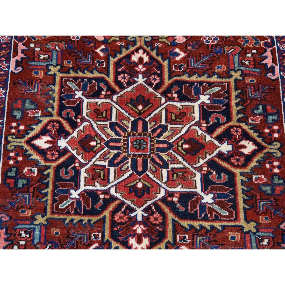 Red, Semi Antique Persian Heriz, Hand Knotted, Soft Wool Rug - 6