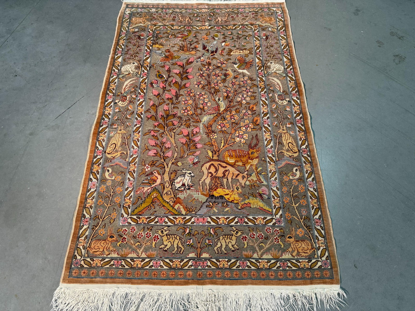 Vintage Silk and Gold Hereke Rug 2.1x3.4: Title:Vintage Silk and Gold Hereke Rug 2.1x3.4 Description:2'.1"x3'.4" Super quality Antique Turkish Hereke all Silk pile with Gold thread, Tree of life design , very rare and collector pc , it can al