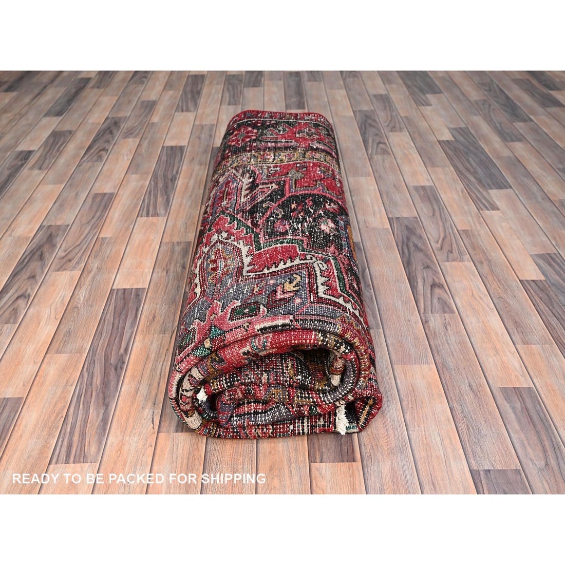 Imperial Red, Pure Wool, Hand Knotted, Semi Antique Persian Heriz Rug - 9
