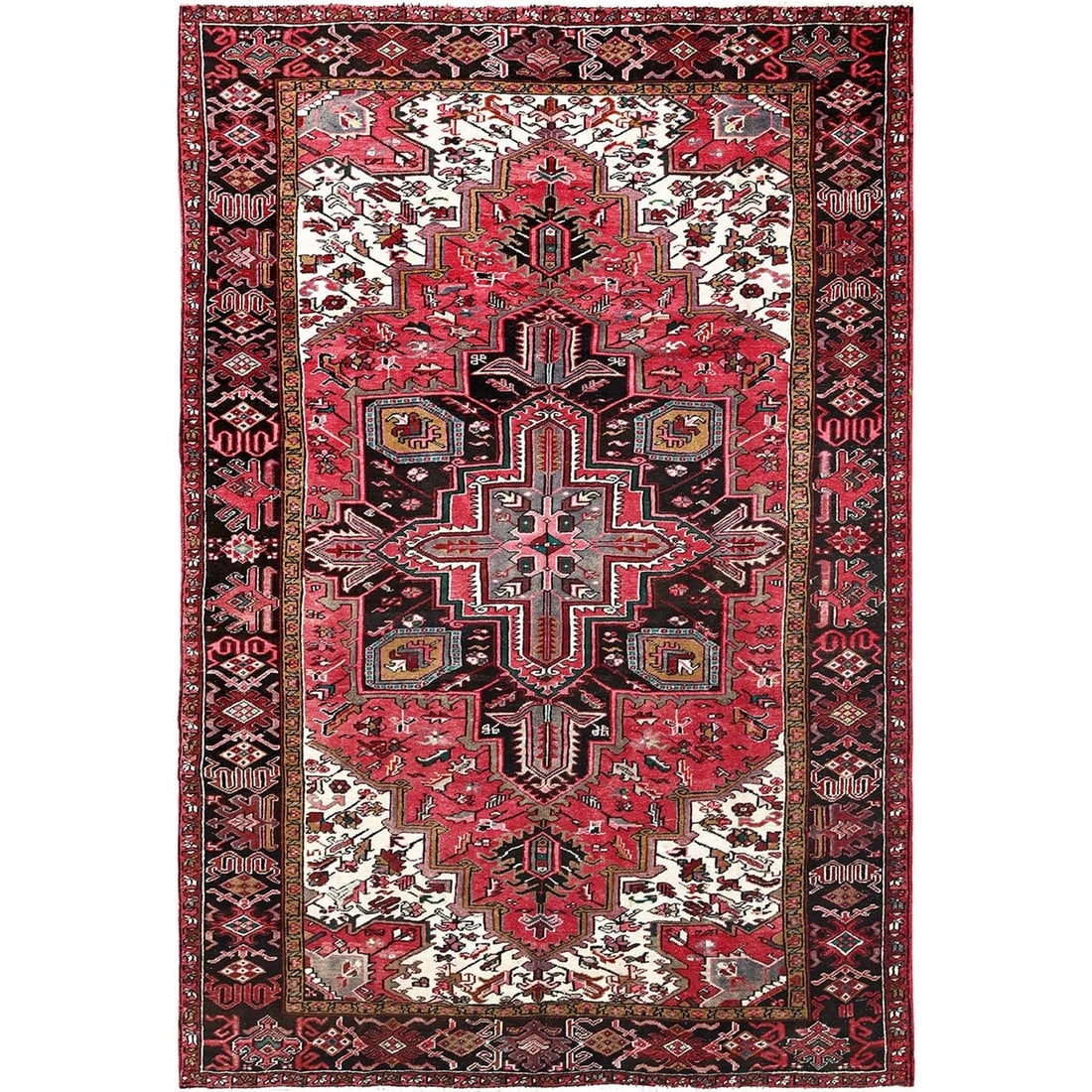 Imperial Red, Pure Wool, Hand Knotted, Semi Antique Persian Heriz Rug: Title: Imperial Red, Pure Wool, Hand Knotted, Semi Antique Persian Heriz Rug Description:This is a truly genuine one-of-a-kind. It has been Knotted for months and months in the centuries-old weaving c