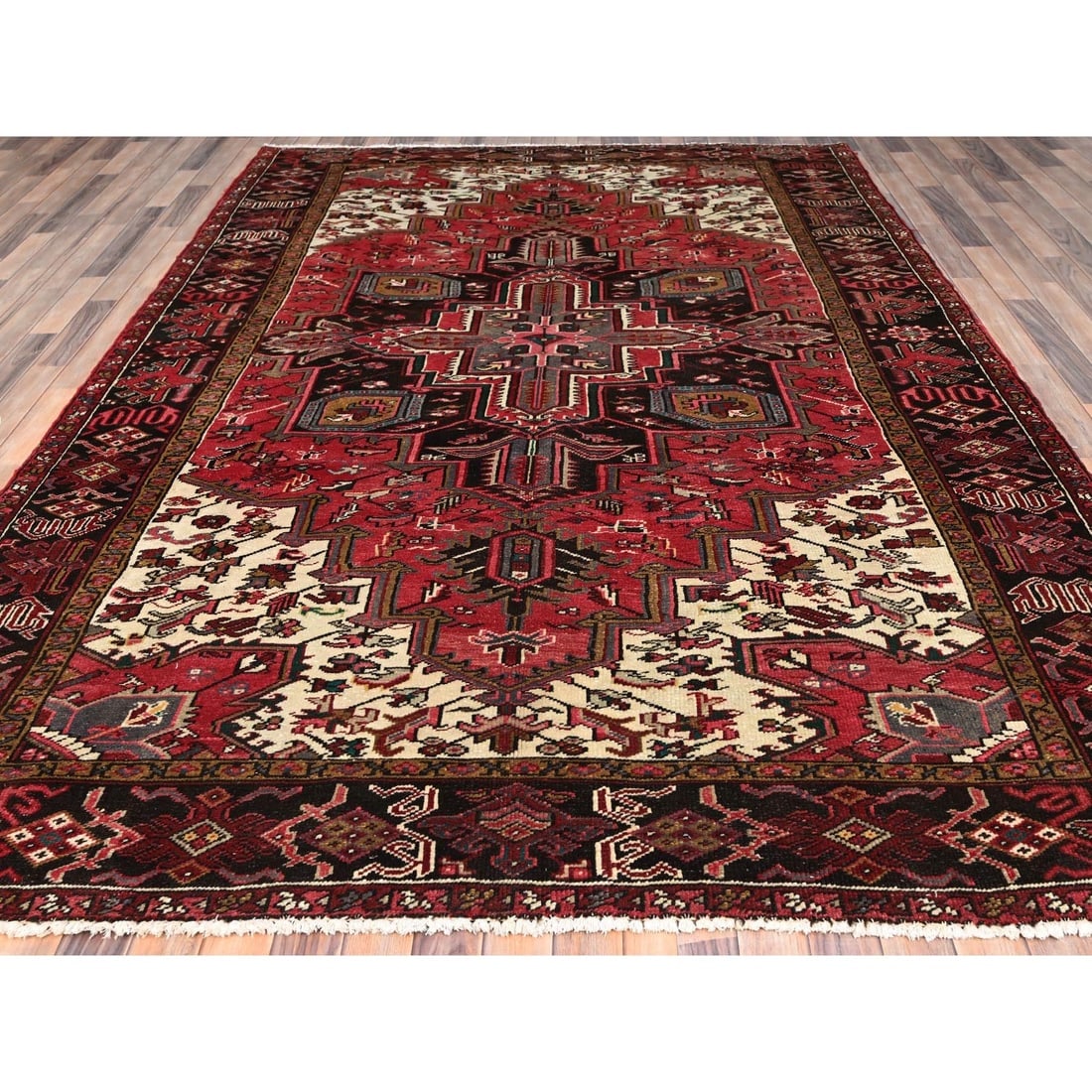 Imperial Red, Pure Wool, Hand Knotted, Semi Antique Persian Heriz Rug - 2
