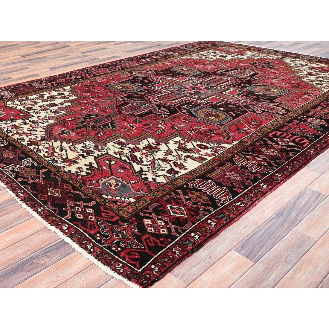 Imperial Red, Pure Wool, Hand Knotted, Semi Antique Persian Heriz Rug - 3