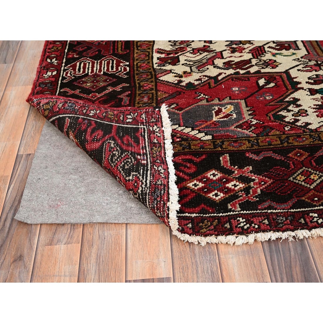 Imperial Red, Pure Wool, Hand Knotted, Semi Antique Persian Heriz Rug - 4
