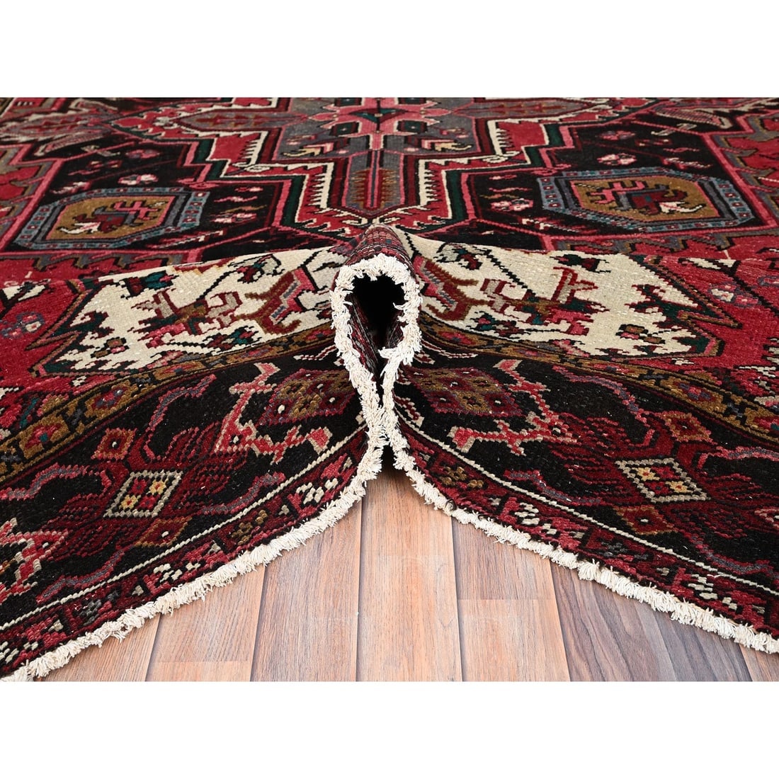 Imperial Red, Pure Wool, Hand Knotted, Semi Antique Persian Heriz Rug - 5