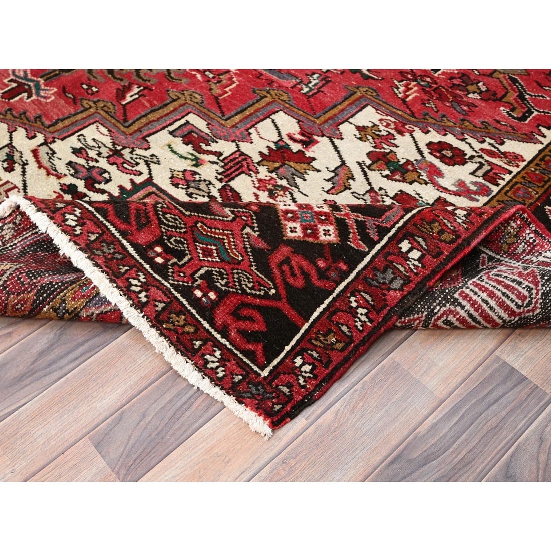 Imperial Red, Pure Wool, Hand Knotted, Semi Antique Persian Heriz Rug - 6