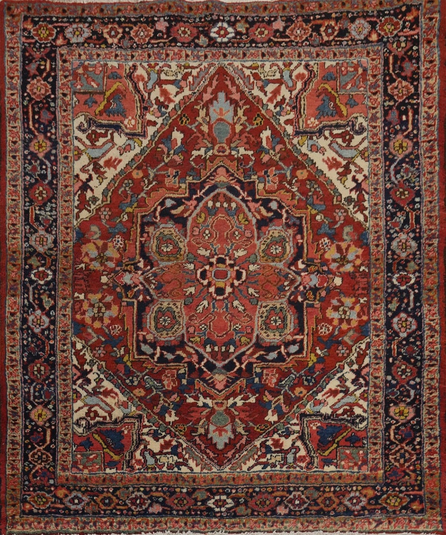 Pre-1900 Antique Heriz Serapi Vegetable Dye Persian Rug 4x4 (1 of 18)
