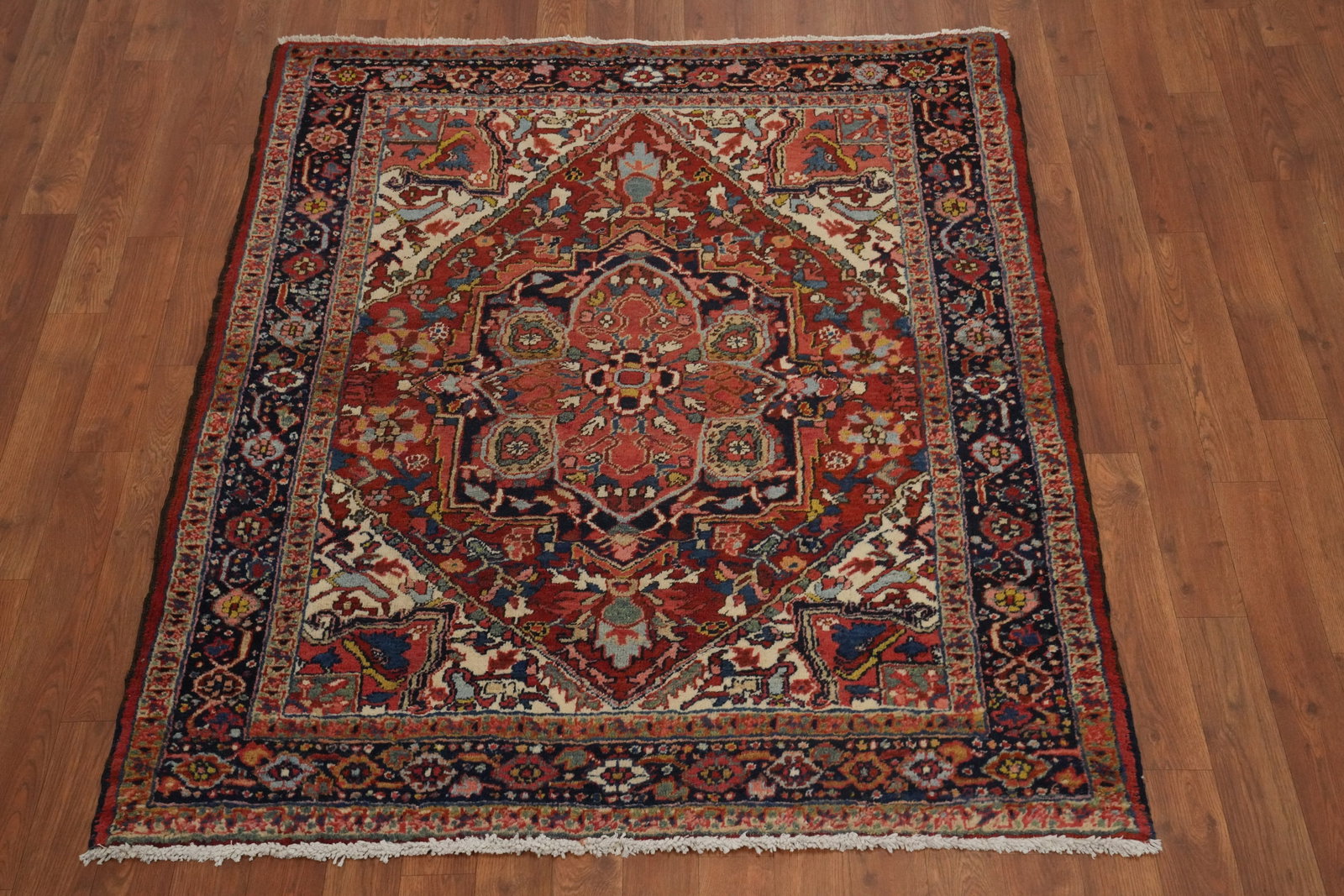Pre-1900 Antique Heriz Serapi Vegetable Dye Persian Rug 4x4 - 2