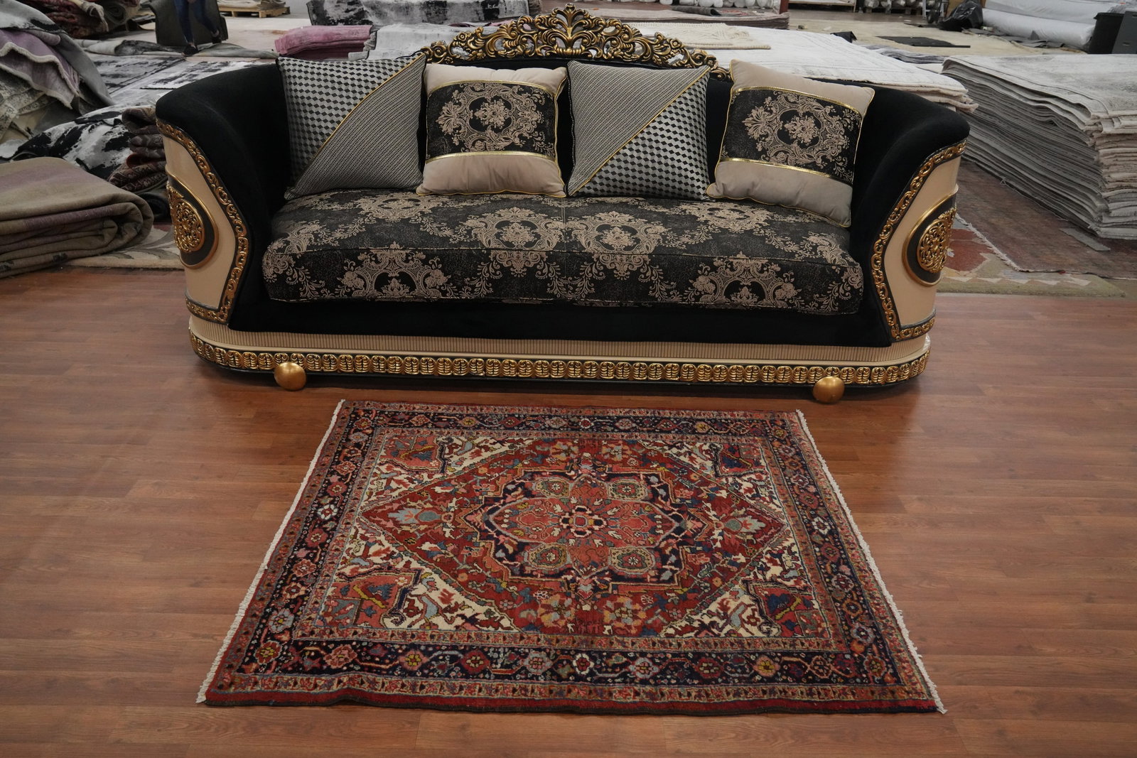 Pre-1900 Antique Heriz Serapi Vegetable Dye Persian Rug 4x4 - 3