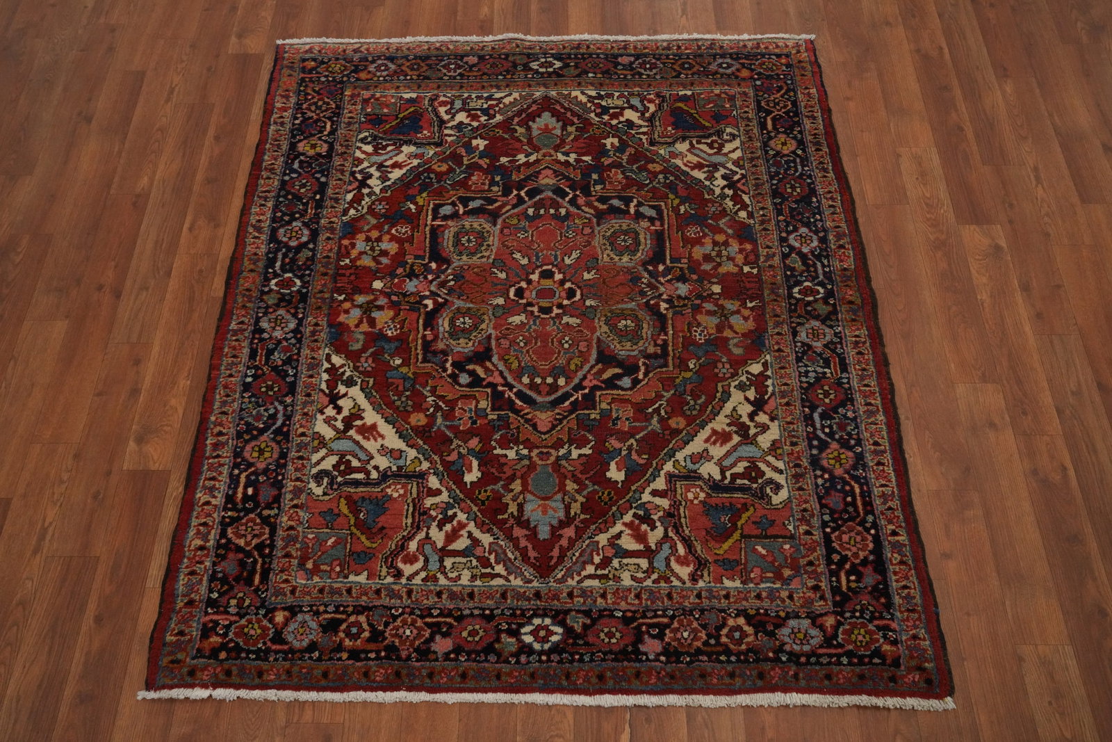 Pre-1900 Antique Heriz Serapi Vegetable Dye Persian Rug 4x4 - 4