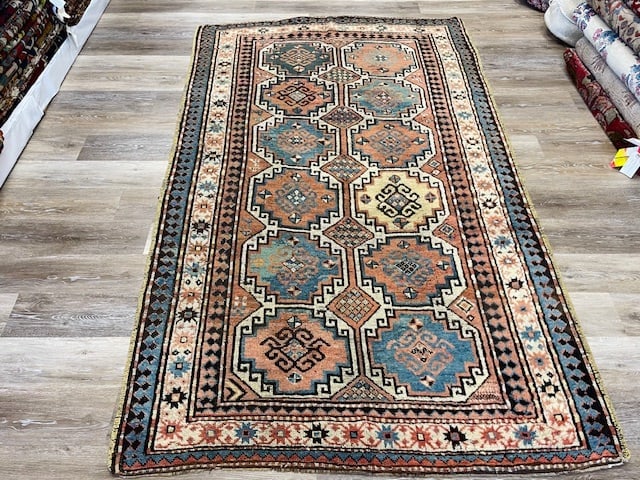 Antique Moghan Kazak Caucasian Rug-4924: Title:Antique Moghan Kazak Caucasian Rug-4924 Description:Beautiful antique Moghan Kazak Caucasian from south of Caucasus, size 5 ft. 4 inches by 7 ft. 6 inches, circa Late 19th century, excellent con