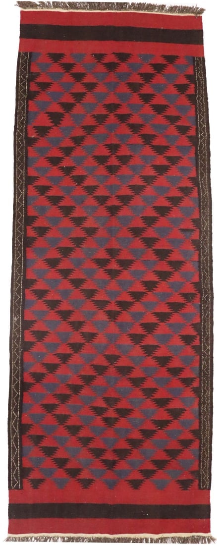 Vintage Tribal Red 4'7X12'6 Kilim Persian Runner Rug: Title:Vintage Tribal Red 4'7X12'6 Kilim Persian Runner Rug Description :Handmade 4'7X12'6 red Oriental runner made with natural dyes (fine wool pile and cotton foundation), superior knot count, and ap