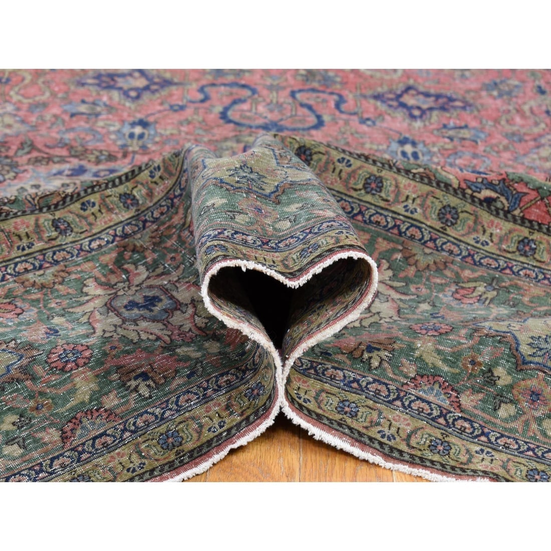 Pink Hand Knotted Antique Turkish Sivas Worn and Distressed, Wool Rug - 4