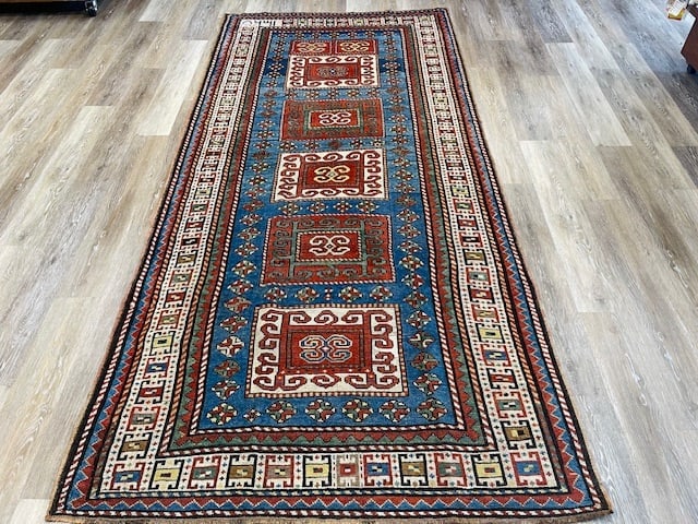 Dated Antique Karachof Kazak Caucasian Rug-5141: Title:Dated Antique Karachof Kazak Caucasian Rug-5141 Description:Beautiful antique Karachof Kazak Caucassian from southwest Caucasus, size 4 ft. 5 inches by 9 ft. 4 inches, circa ldated 1328 hejira, 