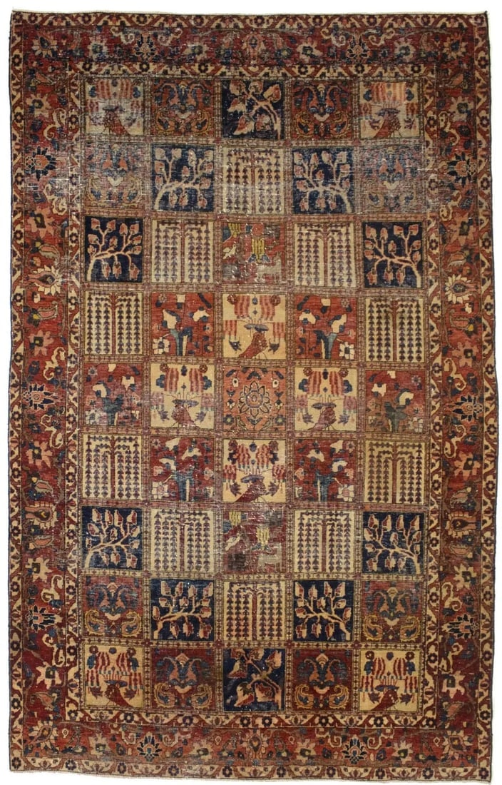 Antique Distressed Muted Tribal 7X11 Bakhtiari Persian Rug: Title:Antique Distressed Muted Tribal 7X11 Bakhtiari Persian Rug Description :Handmade antique 7X11 red Persian rug made with vegetable dyes (fine wool pile and cotton foundation), superior knot count
