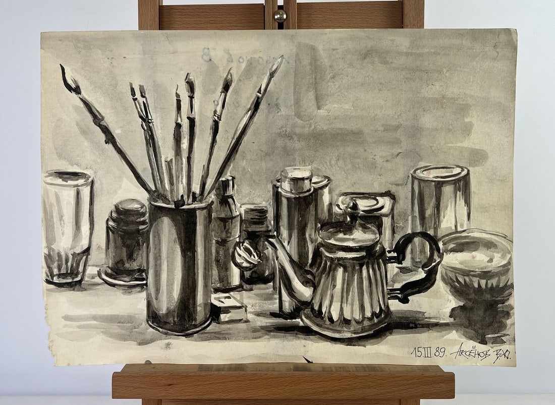 Watercolor painting Art morning brushes and tea Vadim Aksenov: NoAAA5168The Watercolor painting on Cardboard titled "Art Morning: Brushes and Tea" gracefully captures the poetry of a quiet workspace, rendered in a monochrome palette that intensifies its sense of