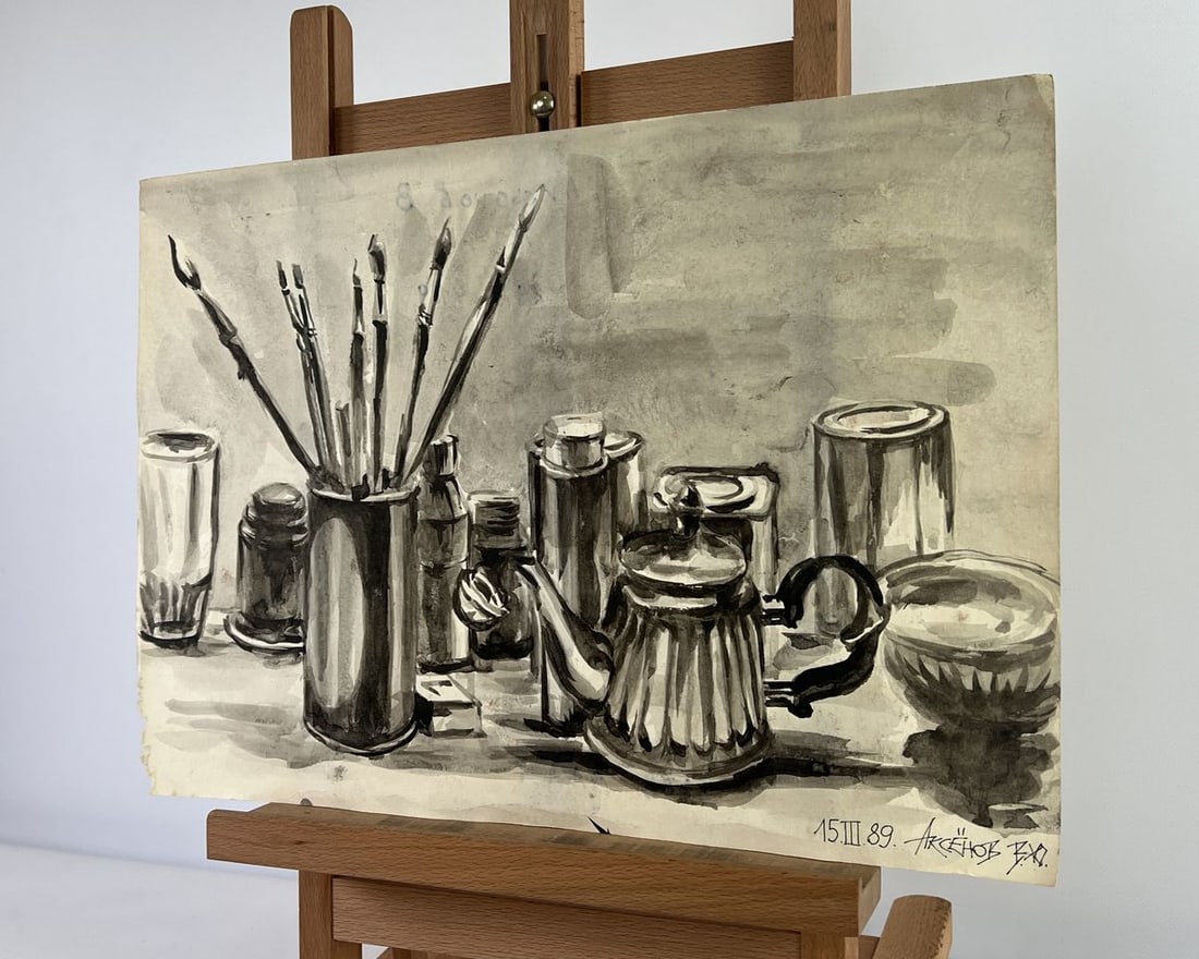Watercolor painting Art morning brushes and tea Vadim Aksenov - 2
