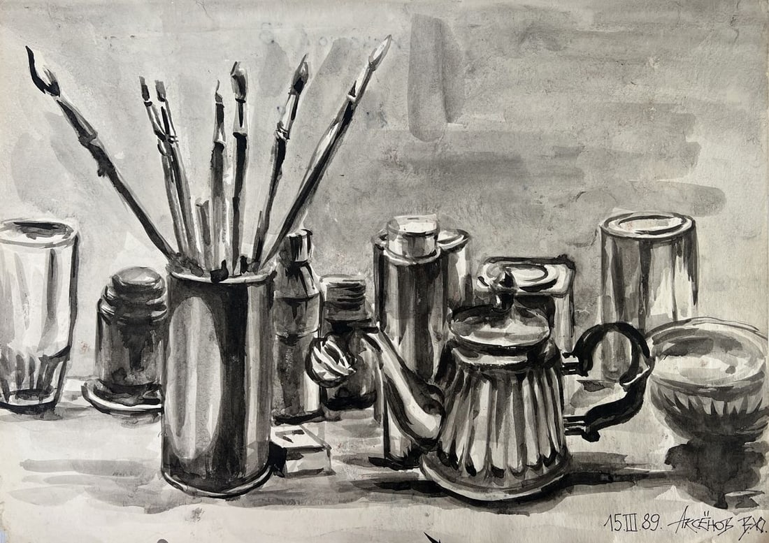 Watercolor painting Art morning brushes and tea Vadim Aksenov - 3